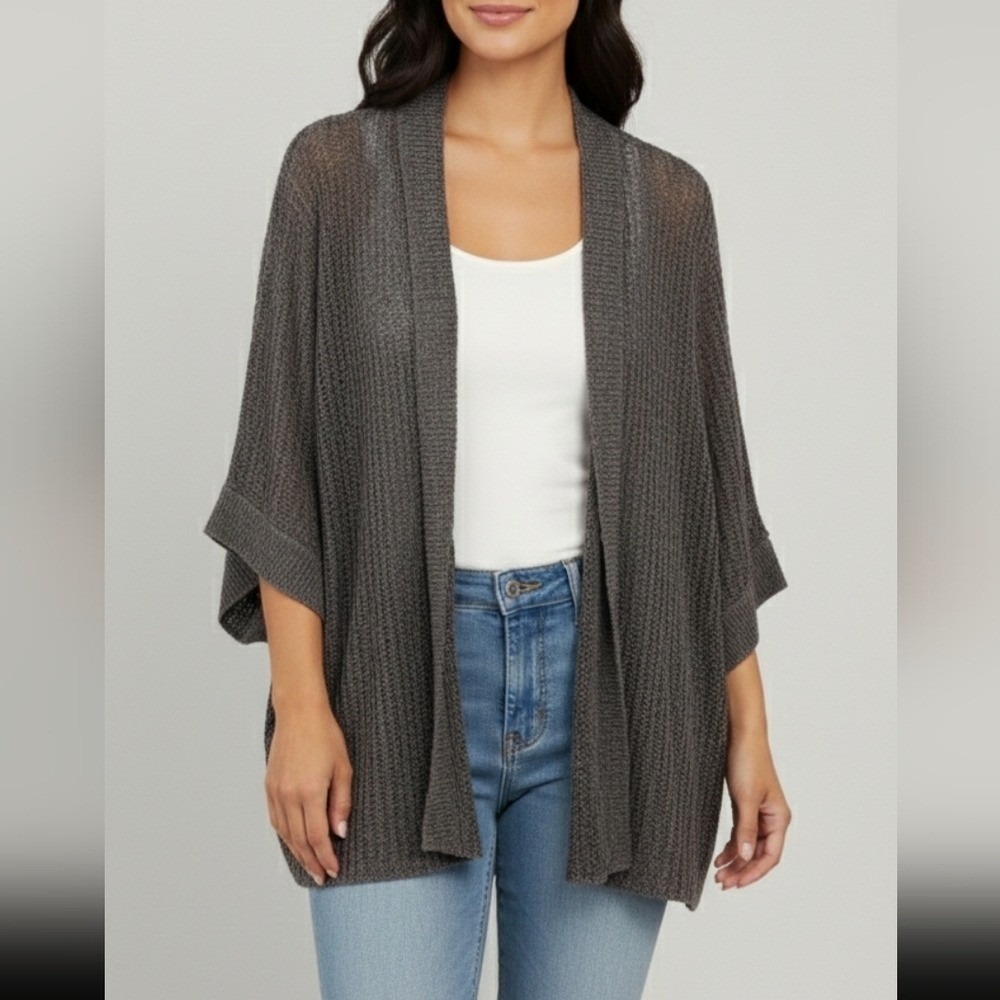 Eileen Fisher Open Knit Brown Cardigan Lagenlook Lightweight Minimalist L